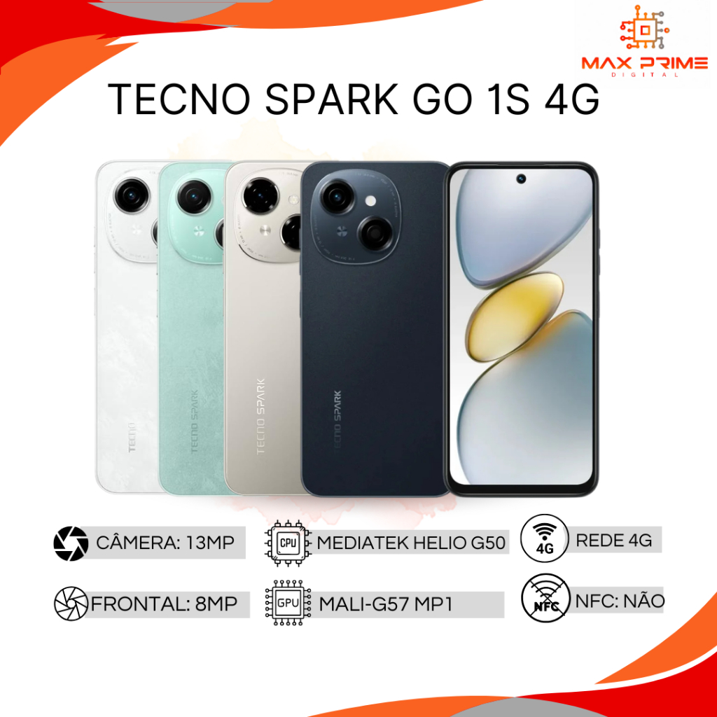 Tecno Spark Go 1S 4G, 64GB+3GB RAM, Bateria 5000MAH, Versão Global, Mediatek Hélio G50