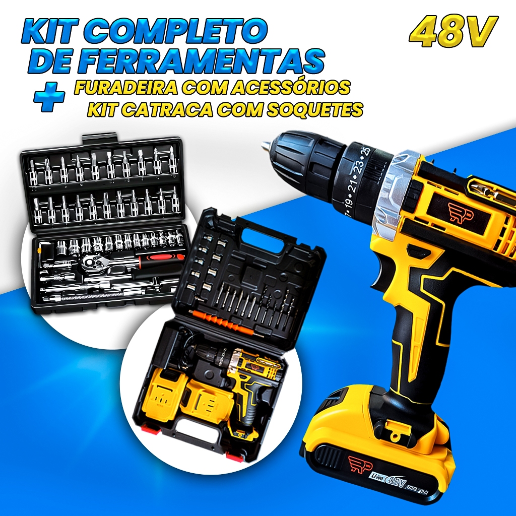 Kit Furadeira Parafusadeira 21V 2 Baterias + Jogo de Catraca 46 Peças 1/4 Soquetes Completo com Maleta