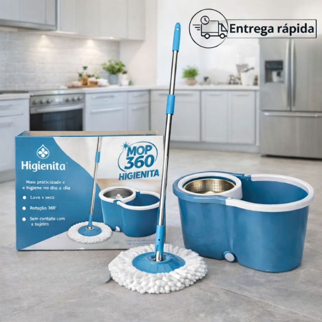 Mop Giratorio 360 Cabo De 1,40M Balde Em Inox 12 Litros Resistente Com 2 Microfibras