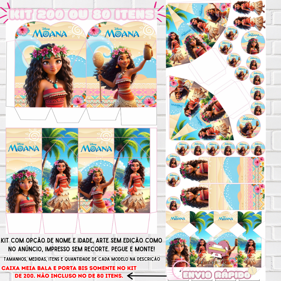 KIT LEMBRANCINHAS PARA FESTA (200/80) (CAIXAS, APLIQUES E TAGS) (COM/SEM NOME) TEMA:MOANA em Oferta na Shopee