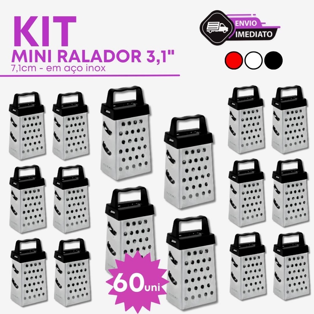 Mini Ralador 4 Faces 3,1'' para Cozinha Inox Portátil Compacto Multiuso Utensílio - 45, 50 ou 60 und