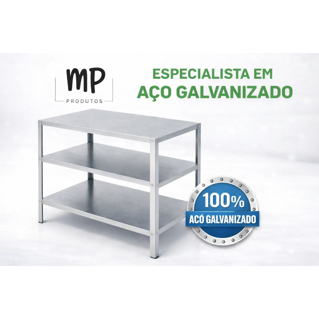 Mesa Industrial Aço Galvanizado 3 Prateleiras Reforçada Profissional Cozinha Restaurante