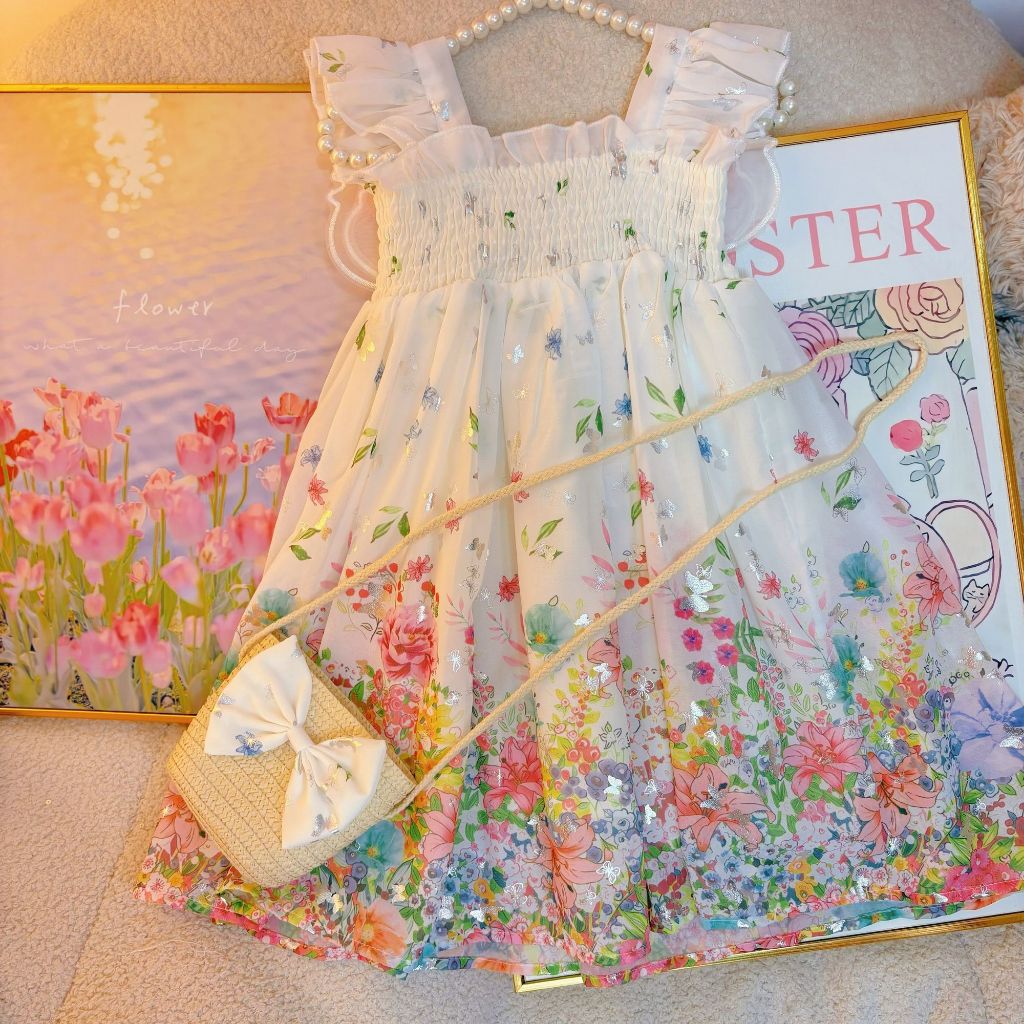 Vestido Infantil com Chapéu de Palha Estilo Princesa Floral Doce para o Verão