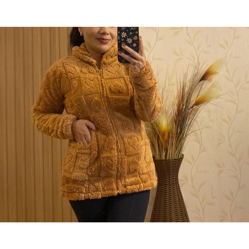 Casaco Teddy 3D Feminino Inverno Peluciado com Zíper em Oferta na Shopee