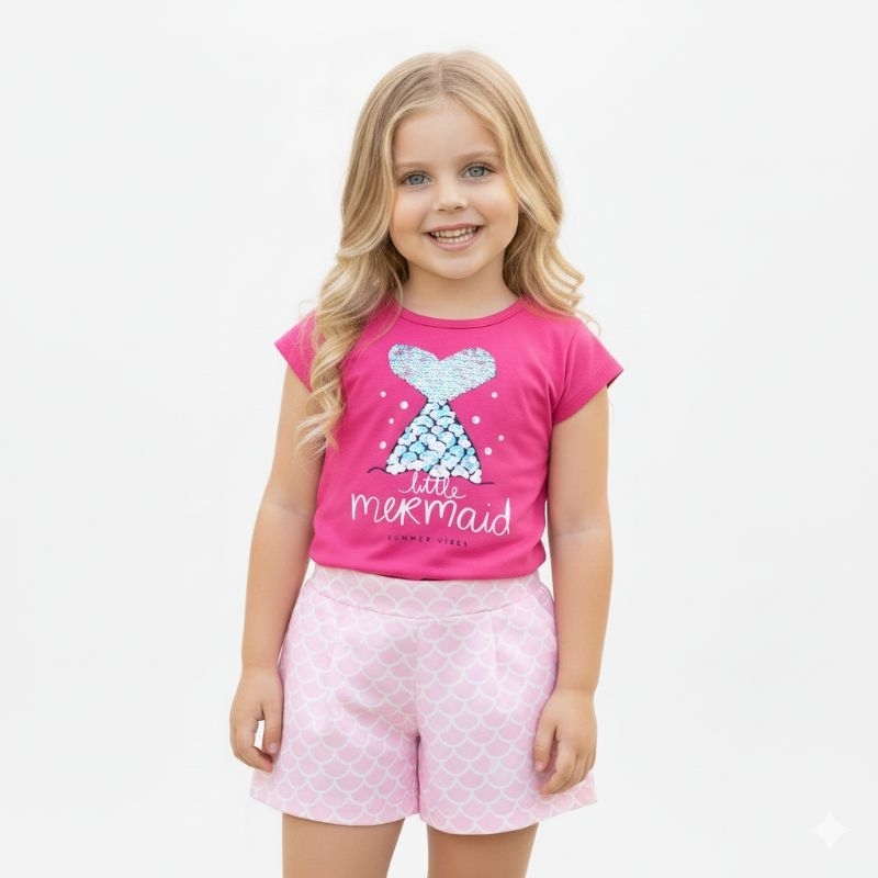 Conjunto Infantil Feminino Modelos Variados Verão Lindas Estampas – Camiseta + Shorts – Tamanhos 1 ao 8