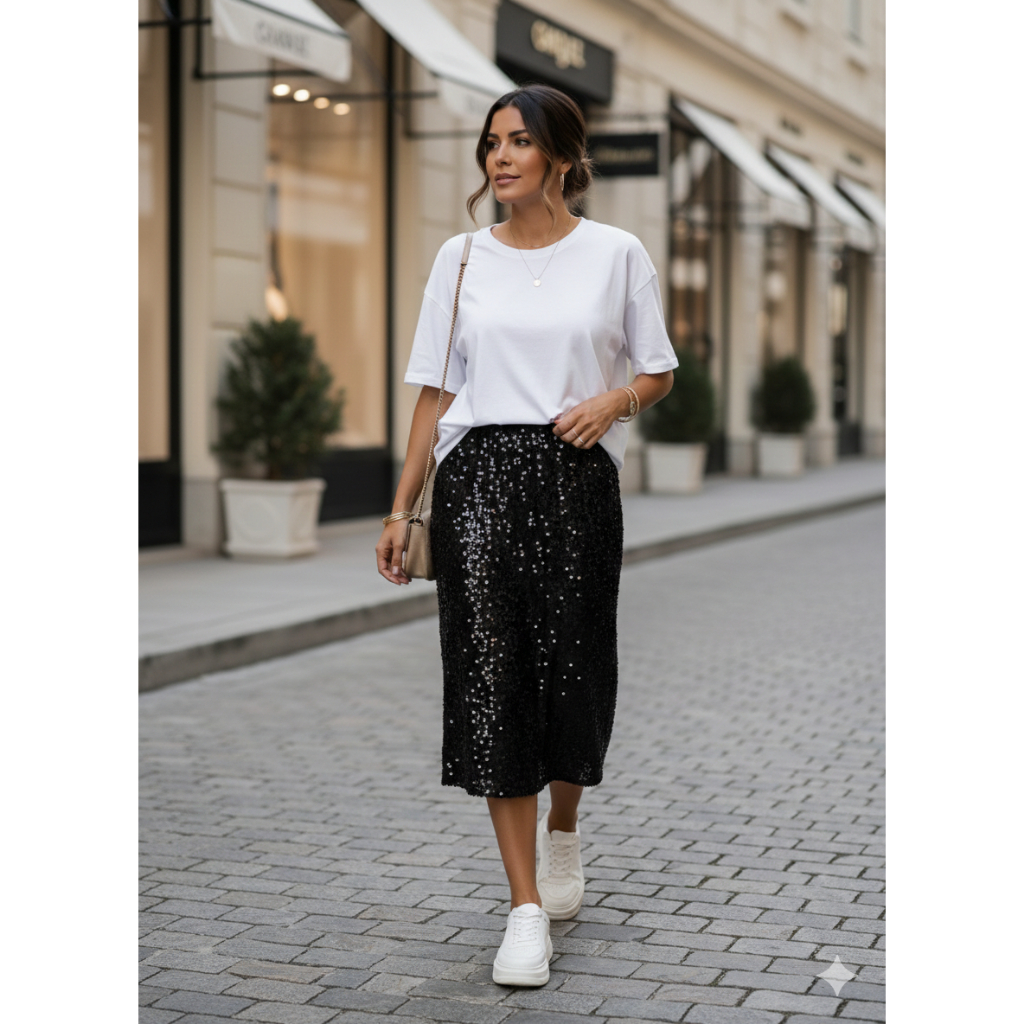 Saia Paetê Festa Cintura Alta Forrada Feminina Saia de Lantejoula Carnaval Midi de Alta Qualidade