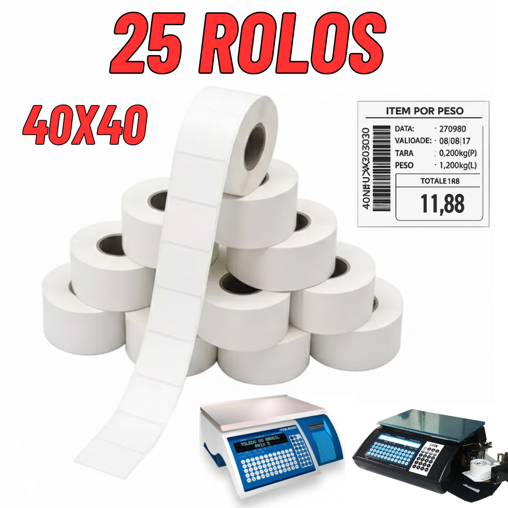 Kit 25 Rolos Etiquetas 40x40 Térmica Balança Açougue Mercado Padaria Toledo Filizola Uno
