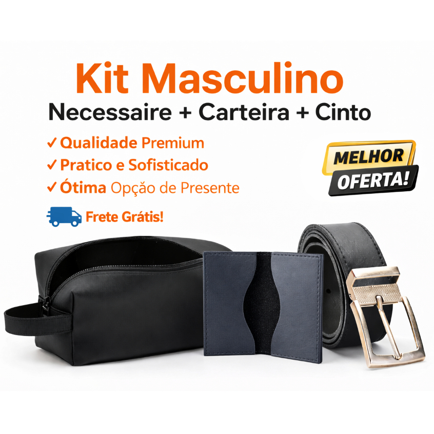 Kit Masculino Completo 3 em 1 Necessaire Porta Cartão Slim e Cinto em Couro Sintético Presente