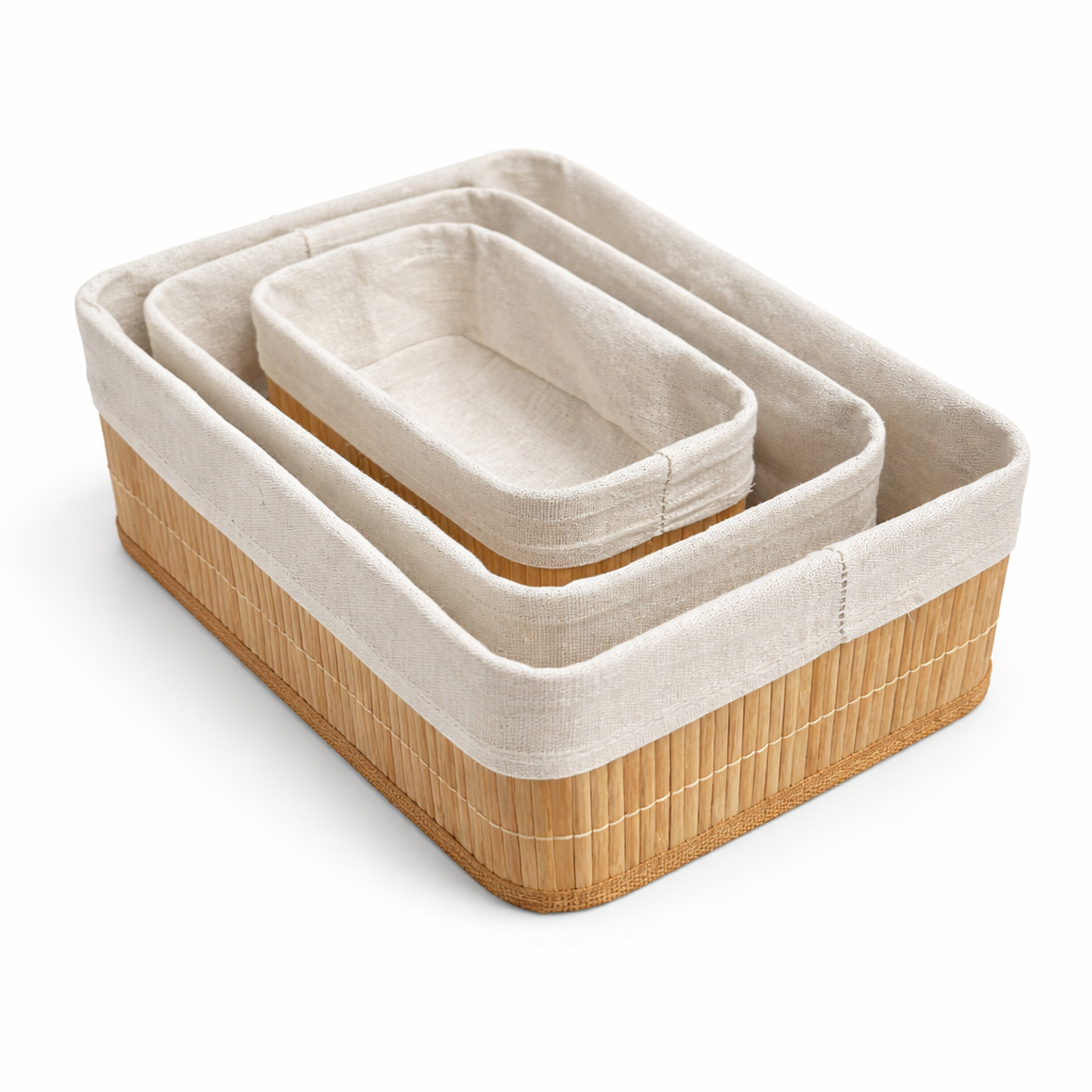 Kit 3 Cestos Organizadores de Bambu com Forro em Linho Removível – Cestos Decorativos Multiuso Pequeno Médio Grande