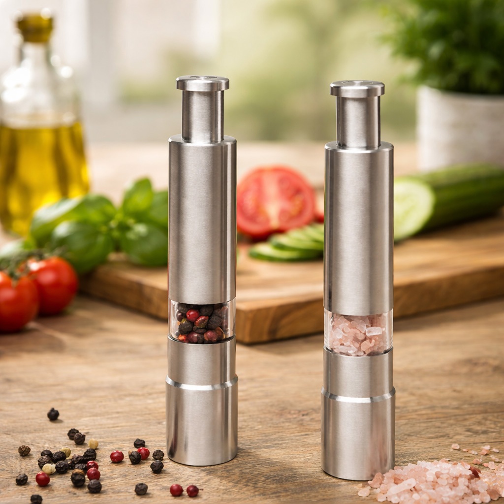 Kit 2 Mini Moedor Manual Gourmet em Aço Inox com Visor para Sal e Pimenta em Oferta na Shopee