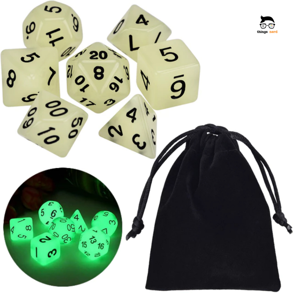 Conjunto 7 Dados RPG D&D Verde Brilha No Escuro D4 D6 D8 D10 D12 D20 Bolsa Dungeons and Dragons