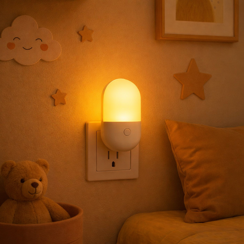 Mini Luminária LED Noturna Bivolt Luz Quente e Fria Botão Abajur Tomada Suave Quarto