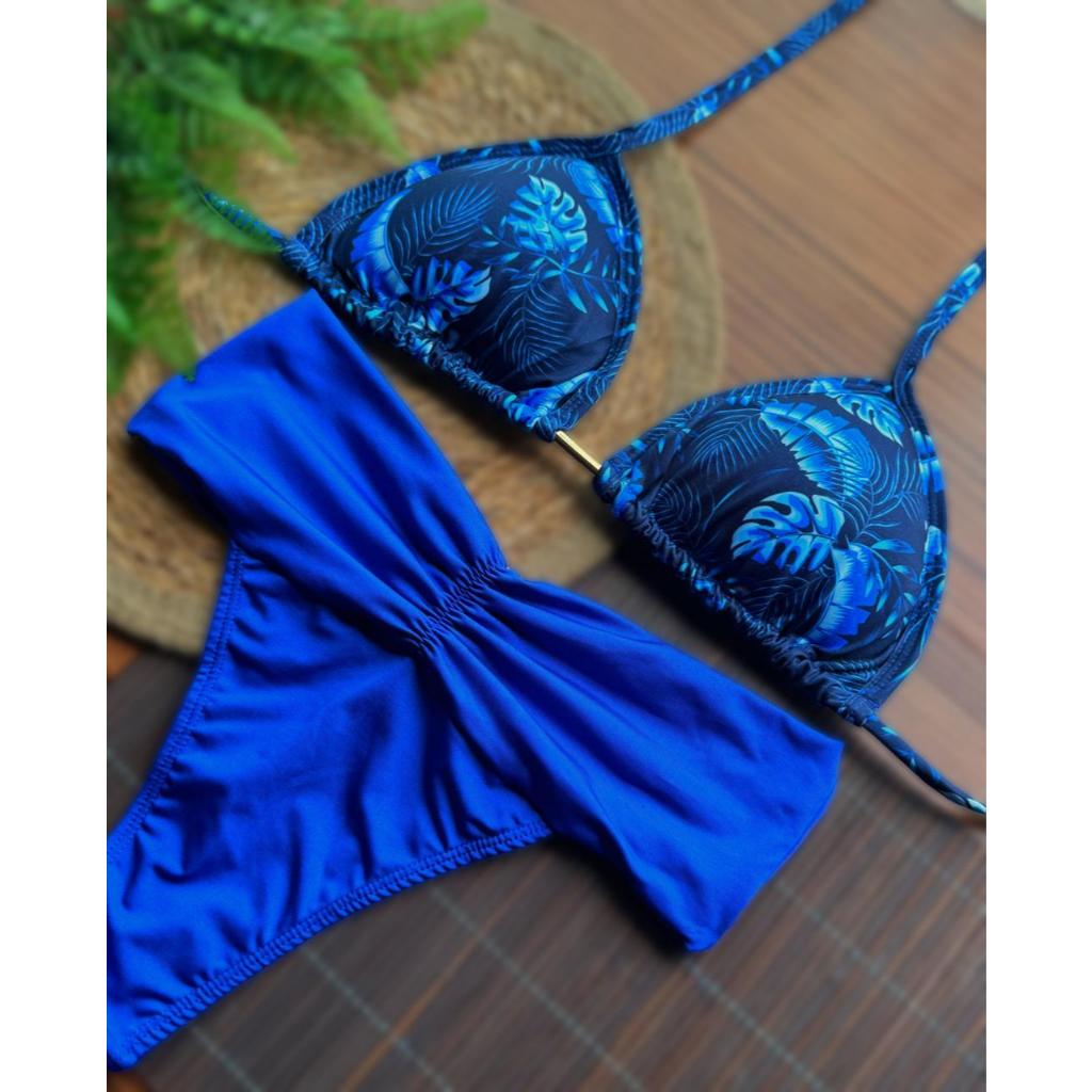 Conjunto Biquini Lançamento Cortininha Top Estampa Ou Liso Calcinha Fio Cós Alto Moda Praia