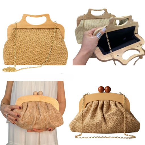 Bolsa de mão clutch com alça de madeira trançada da moda palha praia, elegante tendência, moda, verão com alça maior