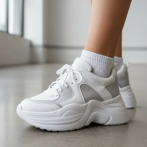 Tênis Feminino Urbano Caixa Alta Chunky Cadarço Brinde Branco - Cinza Sola Alta
