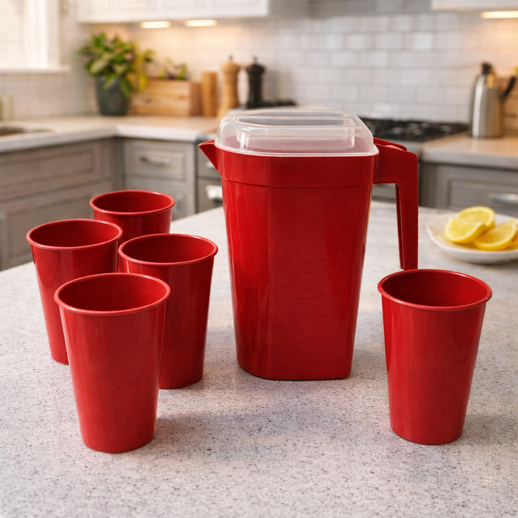 Kit Jarra 1,8L + 4 Copos Coloridos de 350ml Plástico Resistente Cozinha, Sucos e Bebidas Bpa Free