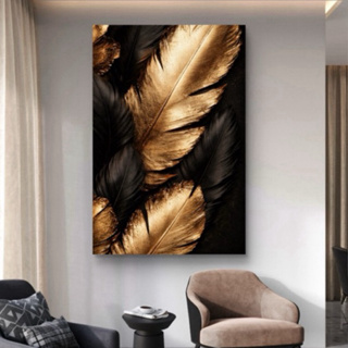Quadro Decorativo Luxo 110x80cm Penas Douradas e Pretas Fundo Elegante Moderno Grande Sala Quarto em Oferta na Shopee