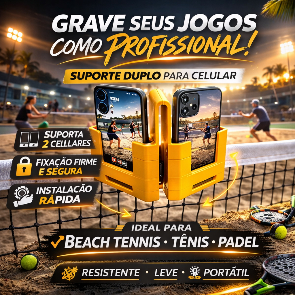 Suporte Duplo de Celular para Rede Beach Tennis, Tênis e Padel – Gravação Profissional de Jogos