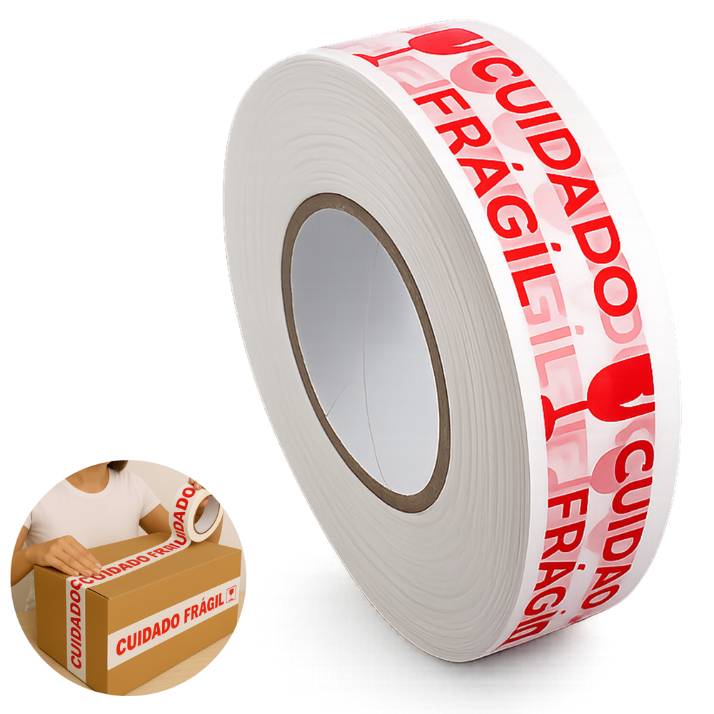 Fita Adesiva para Embalagem Cuidado Frágil 300mts 40mm BOPP Resistente Modelo JD37