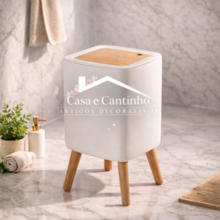 Lixeira De Plástico 7L  Branca Quadrada Pés De Bambu Tampa Click Pressão Cozinha Banheiro Escritório em Oferta na Shopee