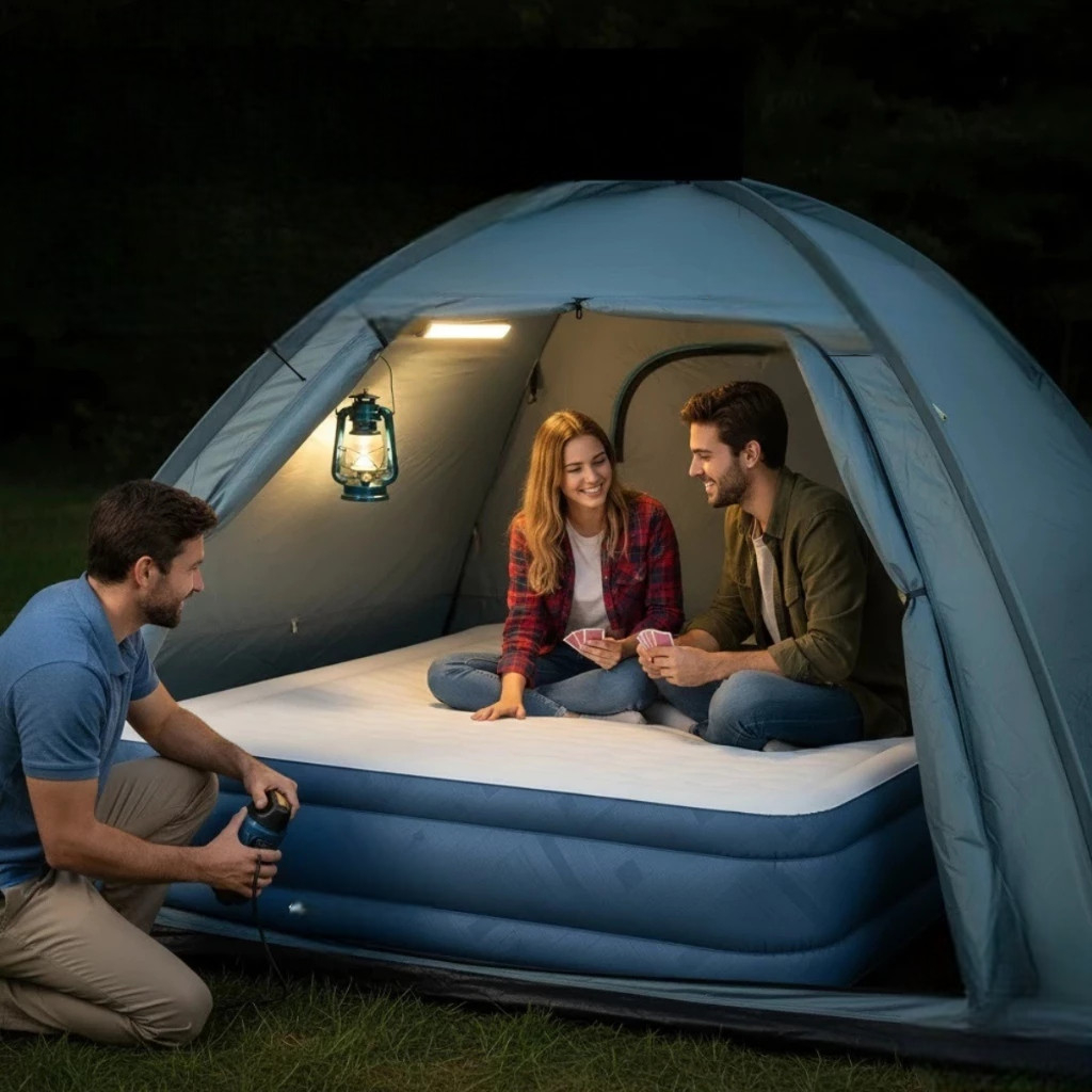 Colchão Inflável Casal Azul Camping Praia Viagem Deitar Descanso Dormir Leva Cama Colchonetes