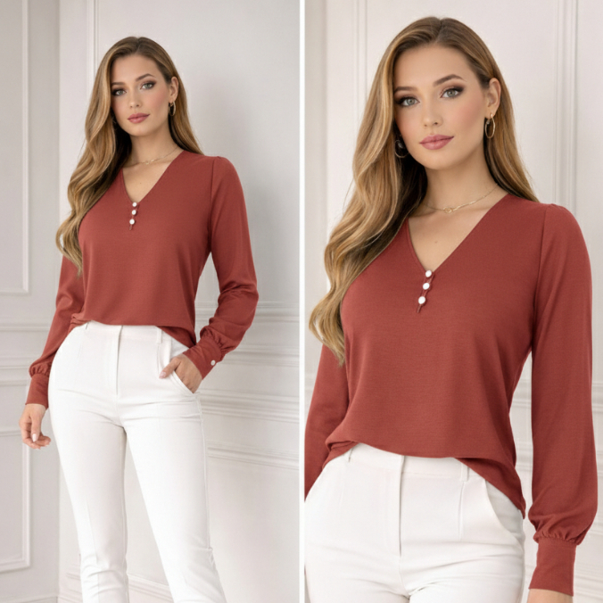 BLUSA  SOCIAL MANGA LONGA FEMININA ELEGANTE GOLA V CAMISA MANGA COMPRIDA SÃO JOÃO ARRAIÁ