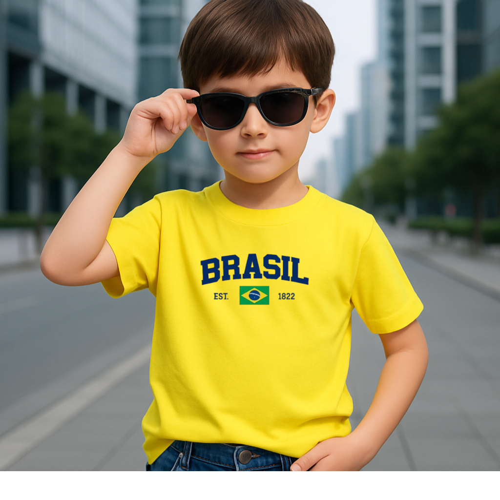Camiseta Infantil Unissex Brasil Time Torcida Moda Casual Verão Dia a Dia Bandeira conforto Elegante