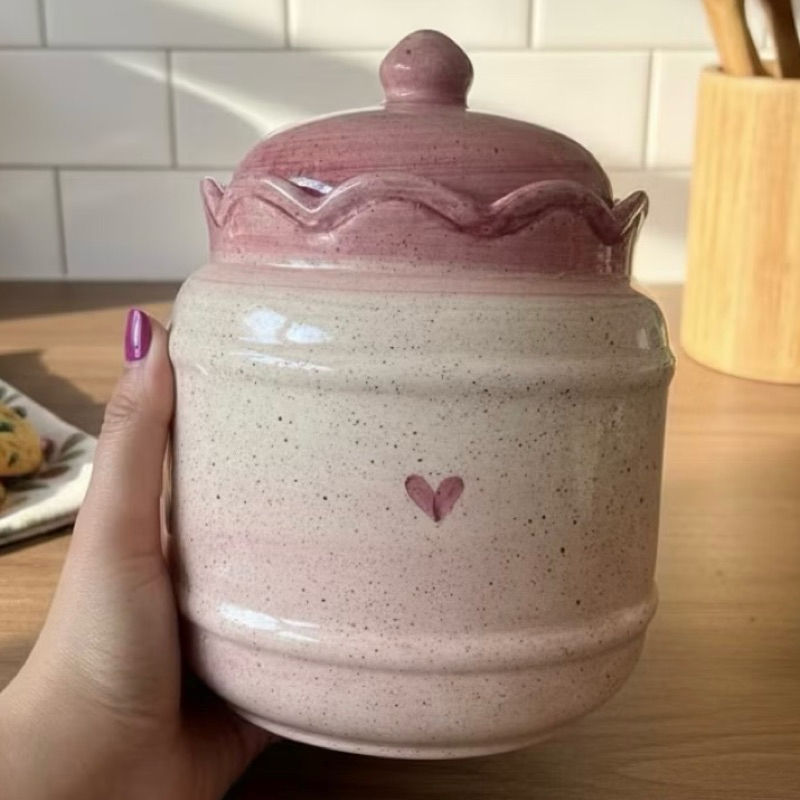 Pote Mantimento Rosa Compoteira Para Alimentos Em Cerâmica Feito A Mão 2,1 Litros