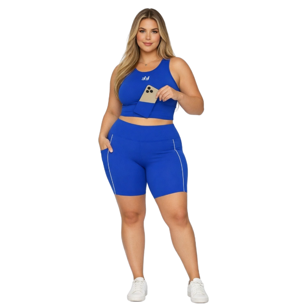 Conjunto Feminino Academia Plus Size Alta Compressão Top Com Bolso e Short Corrida