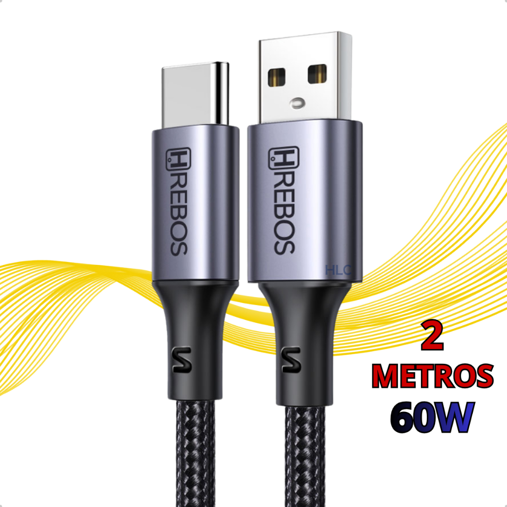 Cabo Tipo C x USB Turbo 60W - 2 Metros Macho Celular Notebook Carregador e Transferência de Dados