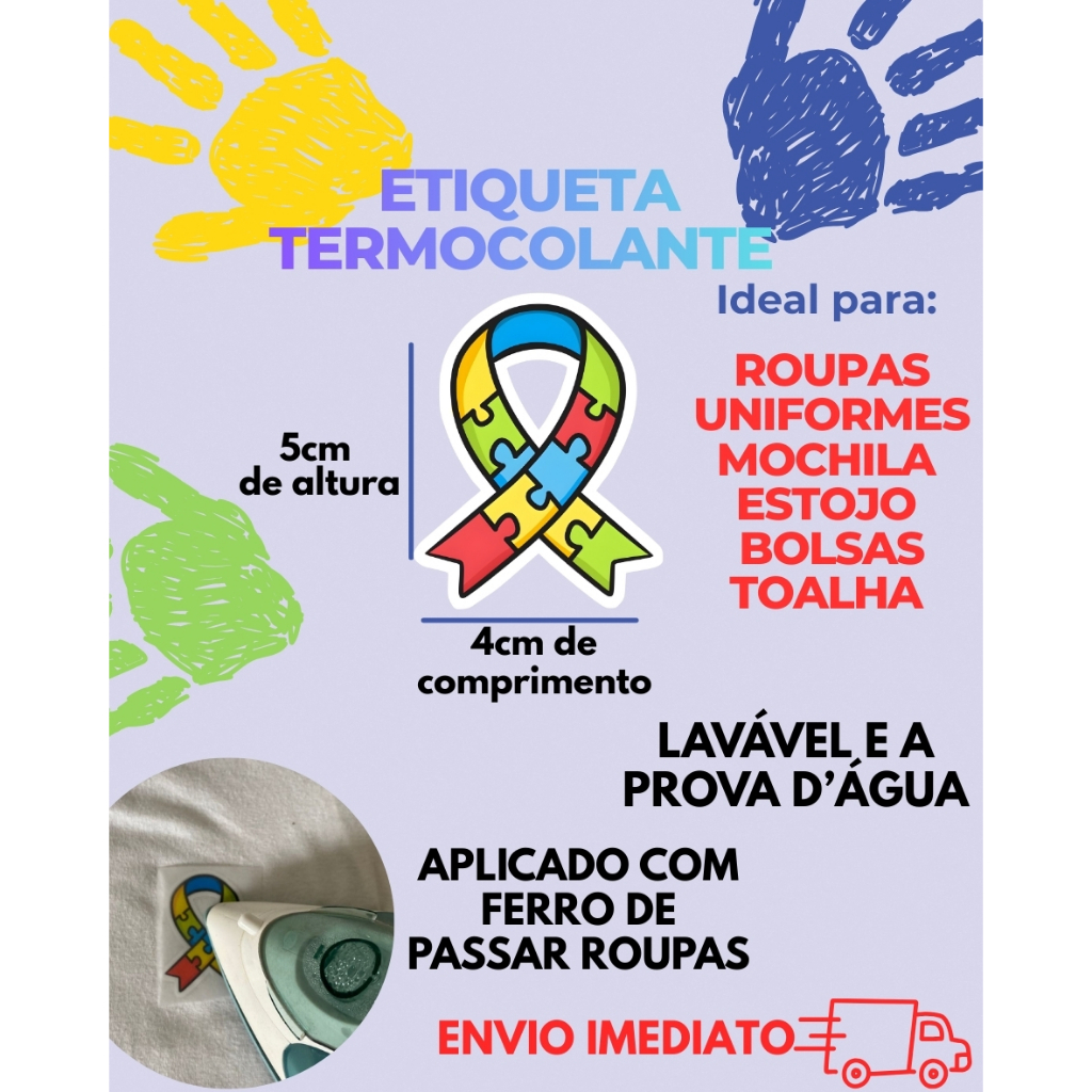 Kit Etiqueta Termocolante Símbolo Laço Autismo p/ Roupa Uniforme Identificação TEA Espectro Autista Envio Rápido