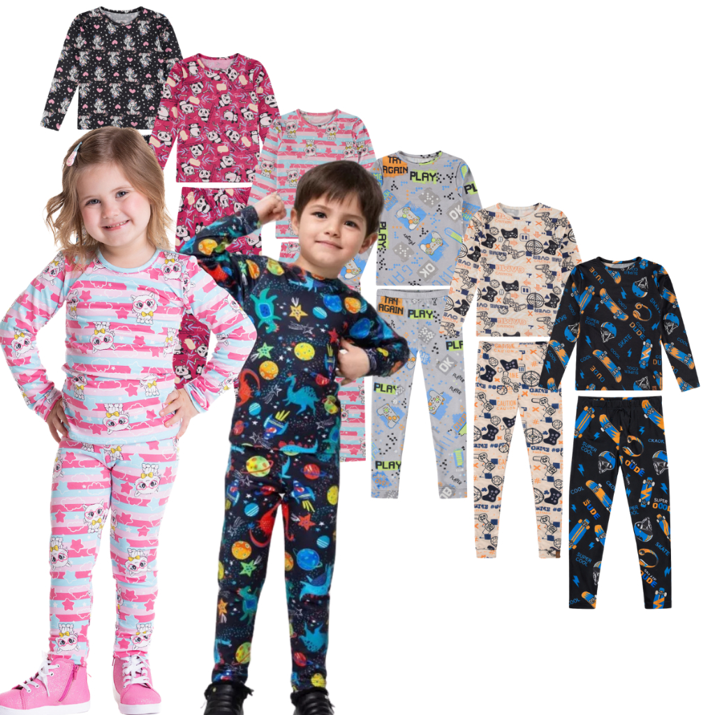 Conjunto Pijama Blusa Calça Estampado Sortido Térmica Segunda Pele Infantil Menina Menino Tamanho 1 ao 16