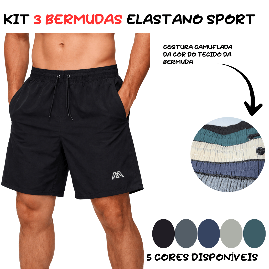 Kit 3 Bermudas Elastano Masculinas MECS WEAR Academia Futebol Corrida Tecido respirável 2 Bolsos Laterais