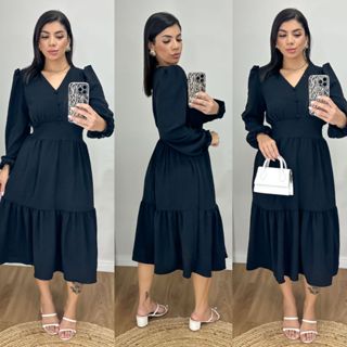 Vestido Midi Liso Feminino com elastex nas costas e com manga longa em Oferta na Shopee