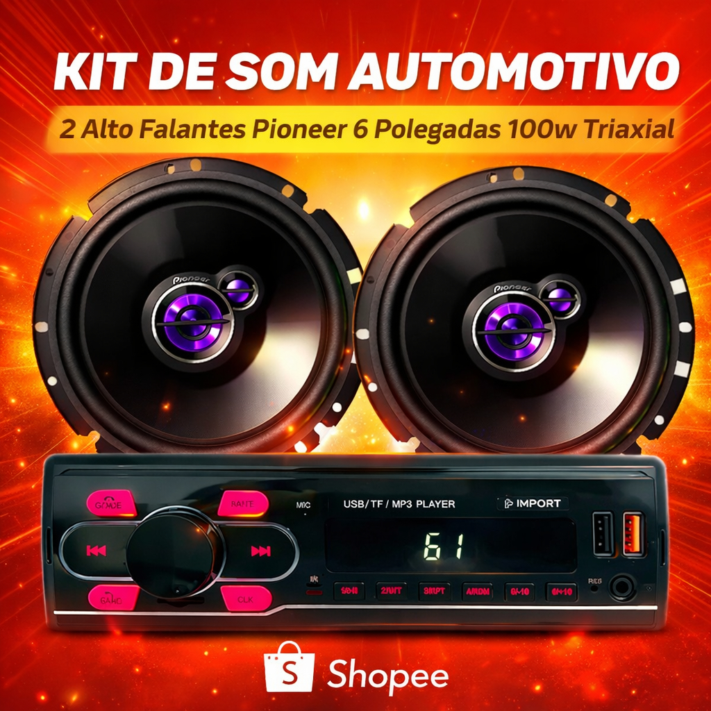 Kit de 2 Alto Falantes Pioneer e Radio Mp3  Bluetooth USB Sd Card 4x25w 100w Qualide
