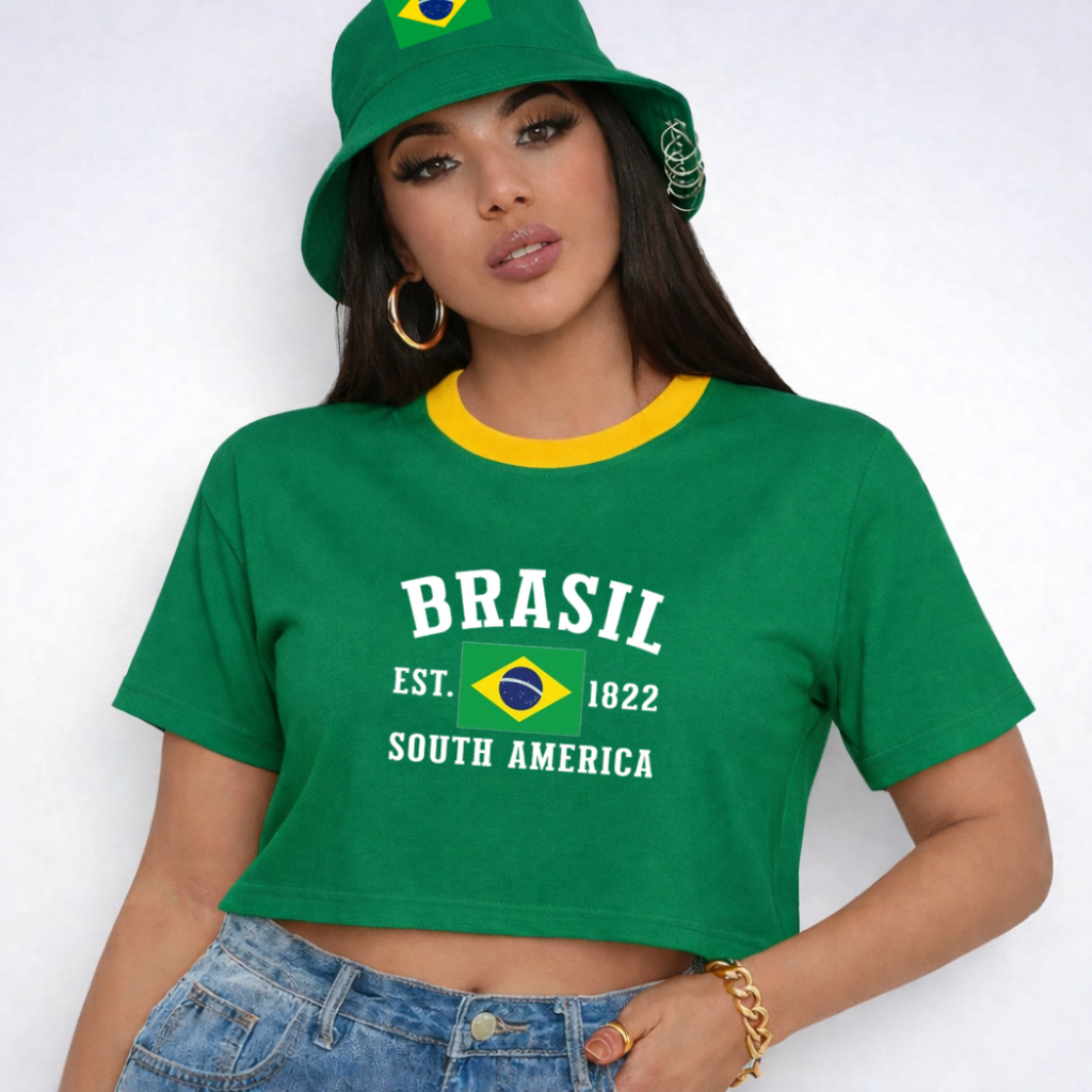 Cropped Oversized Feminino Brasil 1822 South América Copa do Mundo 2026 Estilo Torcida Academia Treino 100% Algodão