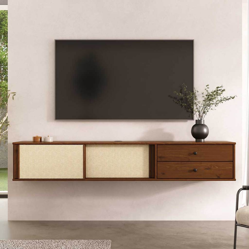 Rack Suspenso Rattan TV 75 Madeira Minimalista Castanho Simona