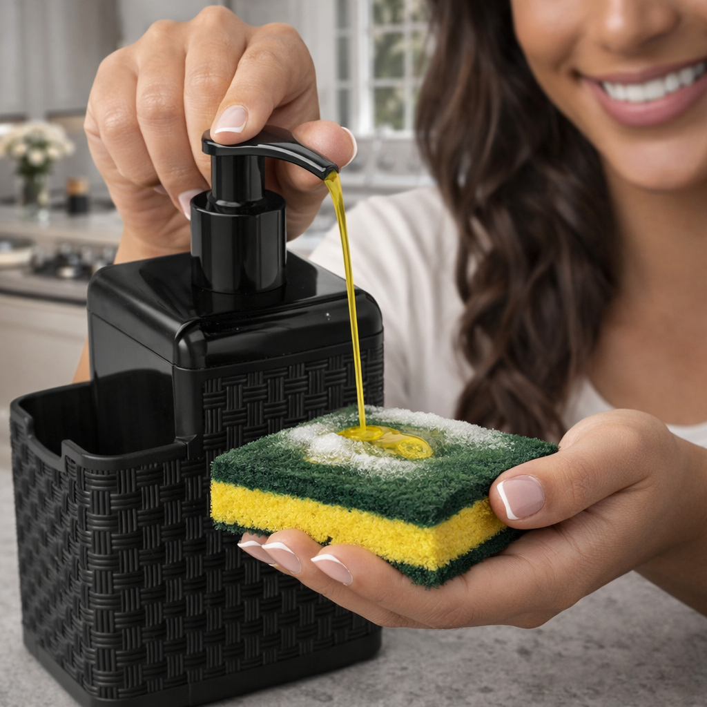 Porta Detergente Preto rattan, com suporte Esponja. 550ml Organização e Praticidade para Cozinha