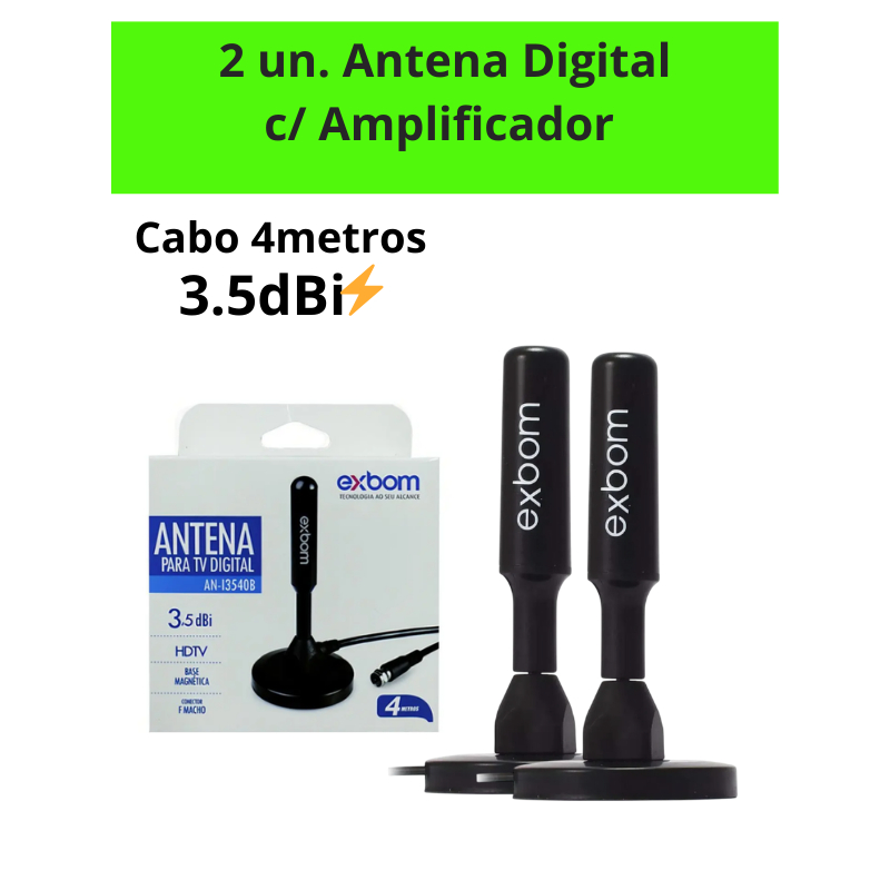 Mini Antena Digital TV Interna Exbom Base Ímã/HDTV 4K UHF VHF Conector Coaxial Cabo 1,5m 4m Kit 2un