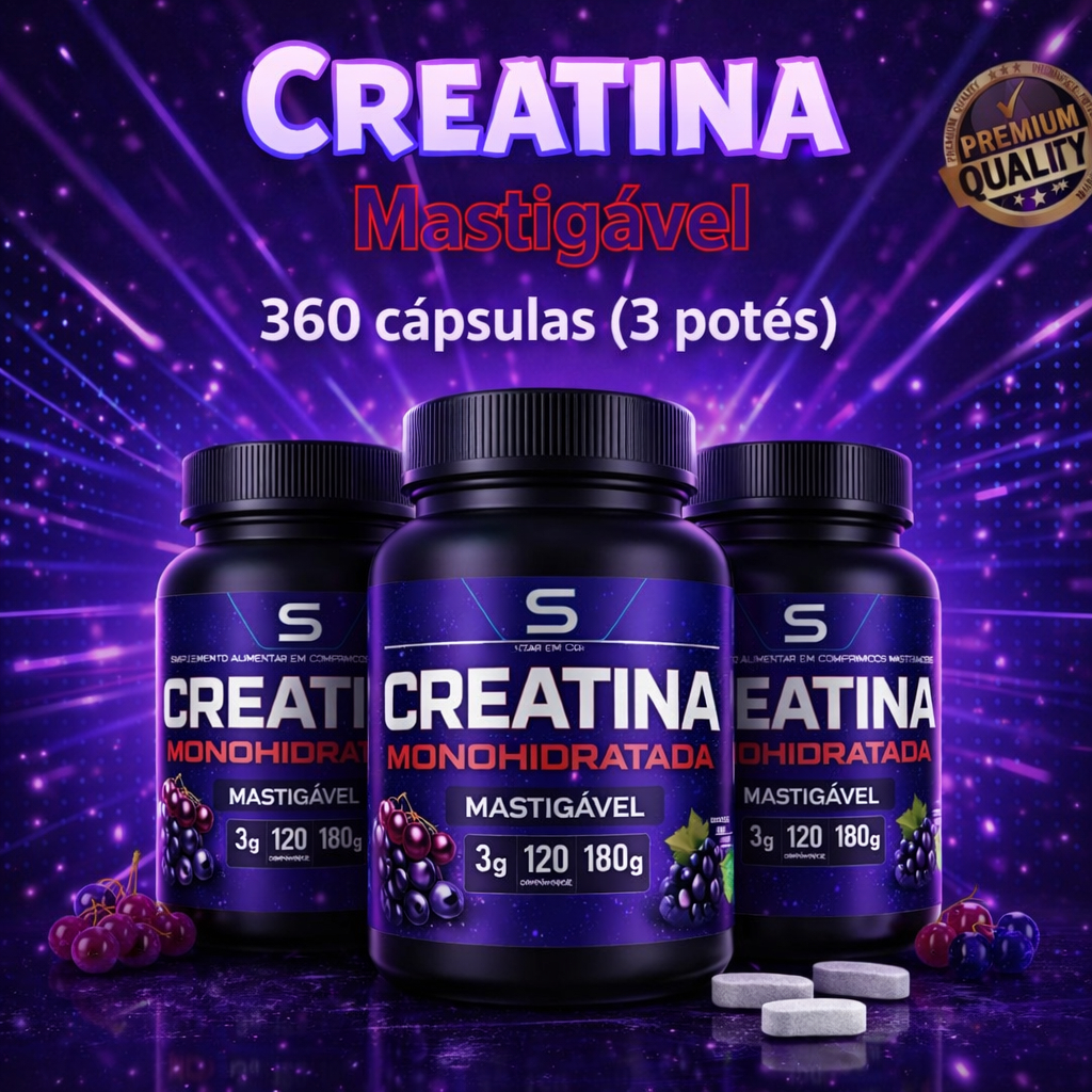 Creatina Pura Mastigável 120 Comprimidos Monohidratada Creapure Sabor Uva Tabletes Energia Atletas