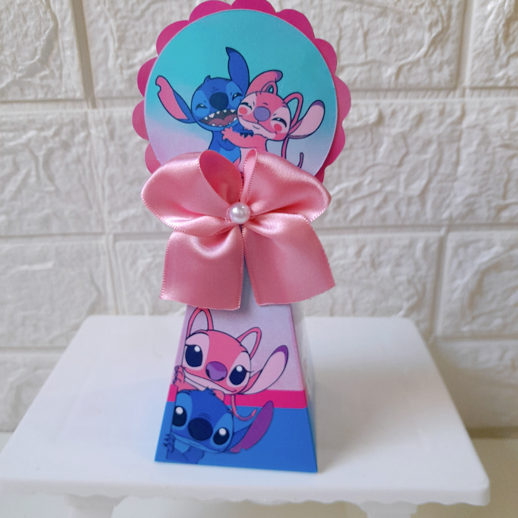 Kit Caixas Pirâmide Personalizadas Stitch e Angel Pegue e Monte Lembrancinha Festa Infantil Caixinha Mimo