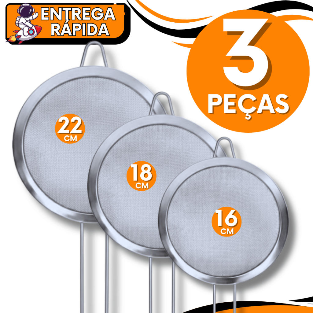 Jogo 3 Peneira Coador  Aço Inox 22cm 18cm 16cm Resistente para Cozinha  Restaurante Casa Utilidades Doceria Confeitaria