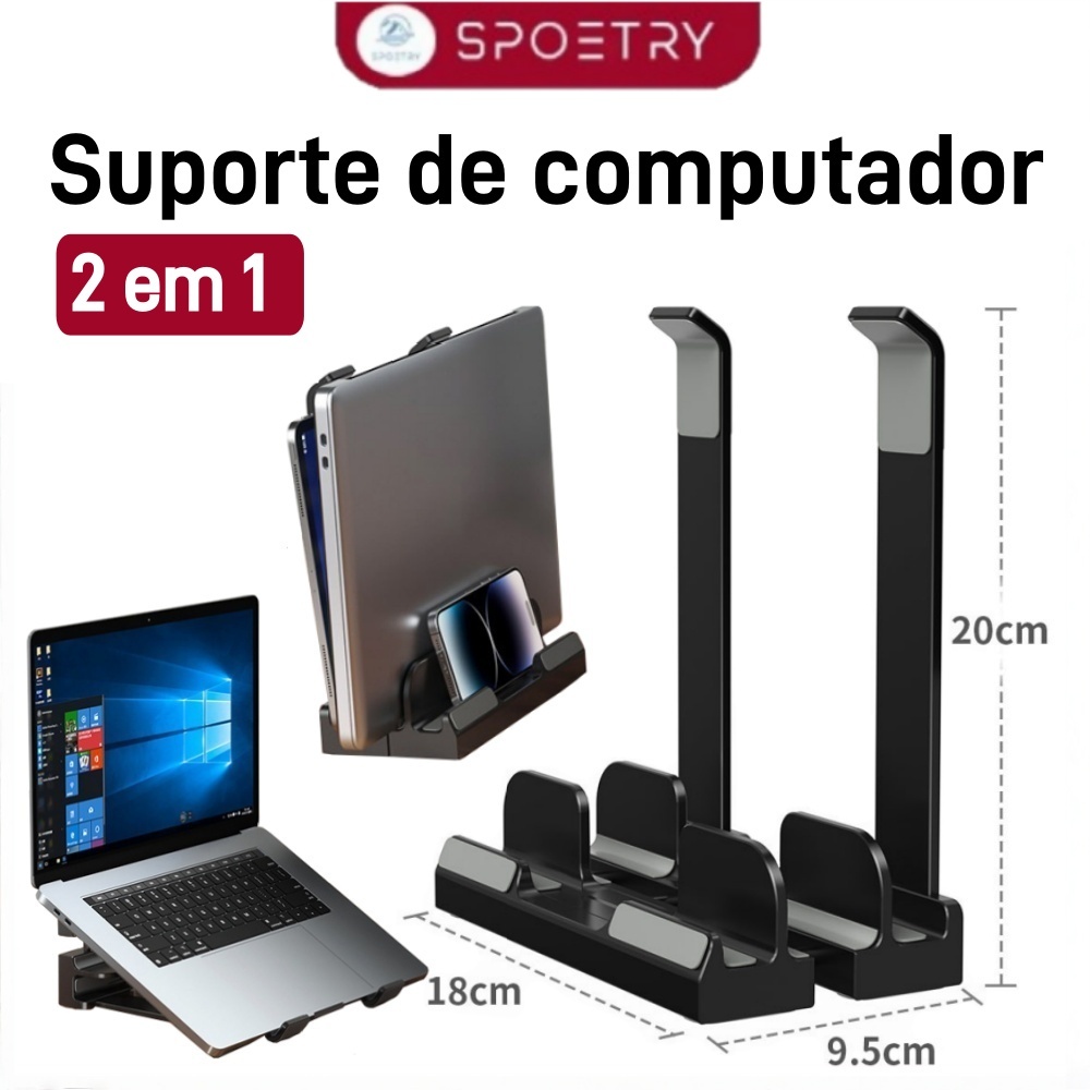Suporte Ergonômico Vertical para Notebook, Ajustável e Organizador para Mesa Home Office