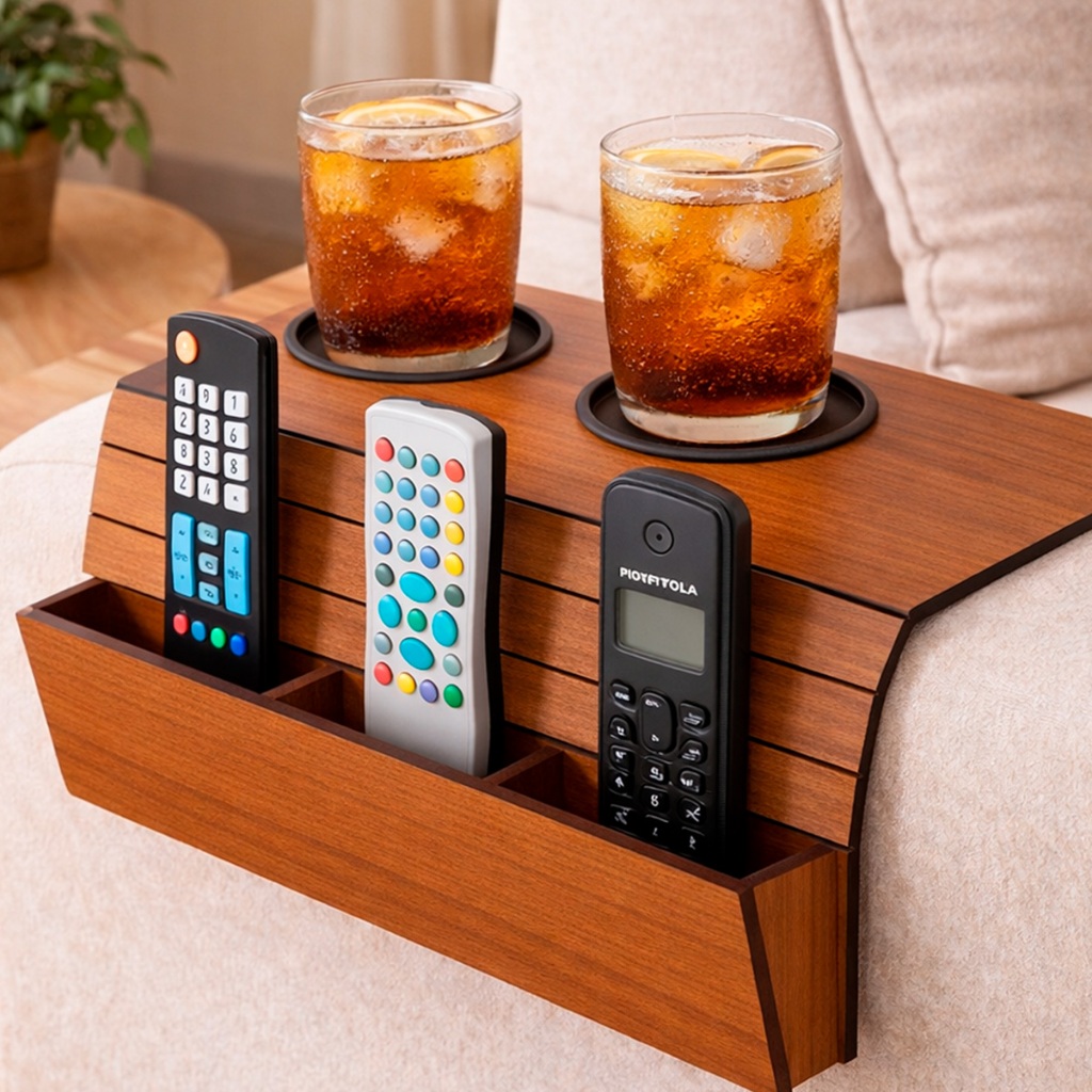 Bandeja Esteira Sofa MDF Porta Copos E Controle Organizador Flexivel Apoio De Braco Suport...