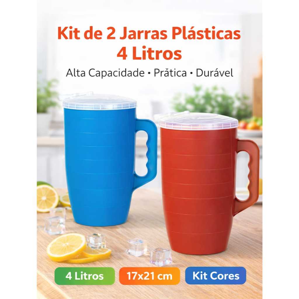 KIT 2 Jarras Plástica 4 Litros Com Tampa, 17x21Cm, Cores Sortidas Ideal Água Suco Cozinha em Oferta na Shopee