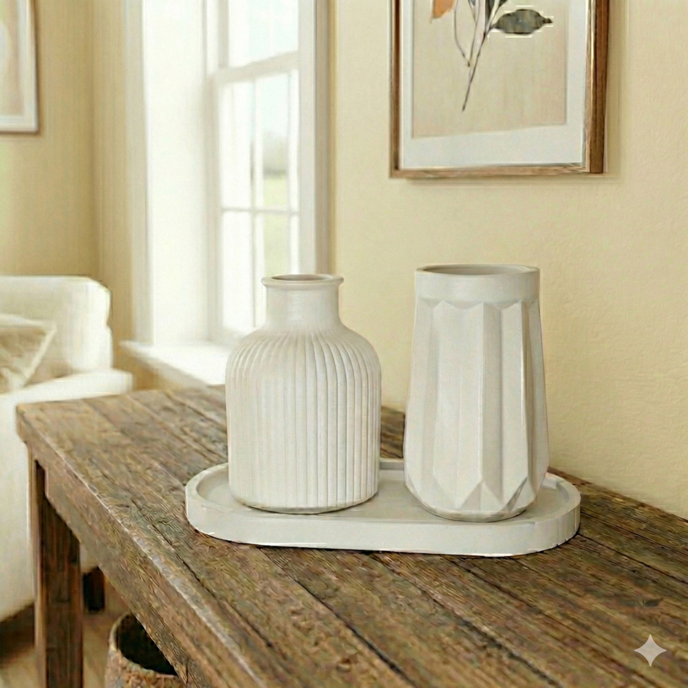 Conjunto Vasos Decorativos e Bandeja em Gesso - Para Flores Secas e Difusor de Aromas em Oferta na Shopee