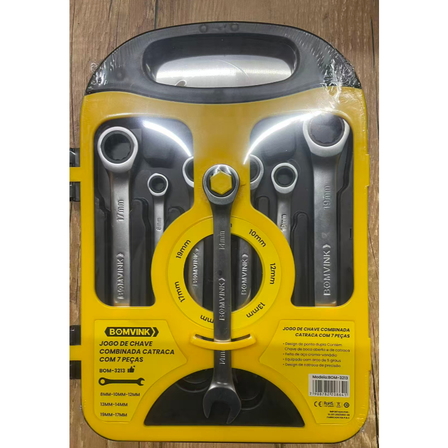 BOM-3213Kit 7 Peças Jogo Chave Ferramenta Combinada Catraca Boca Profissional 8 10 12 12 13 14 15 17 19 mm