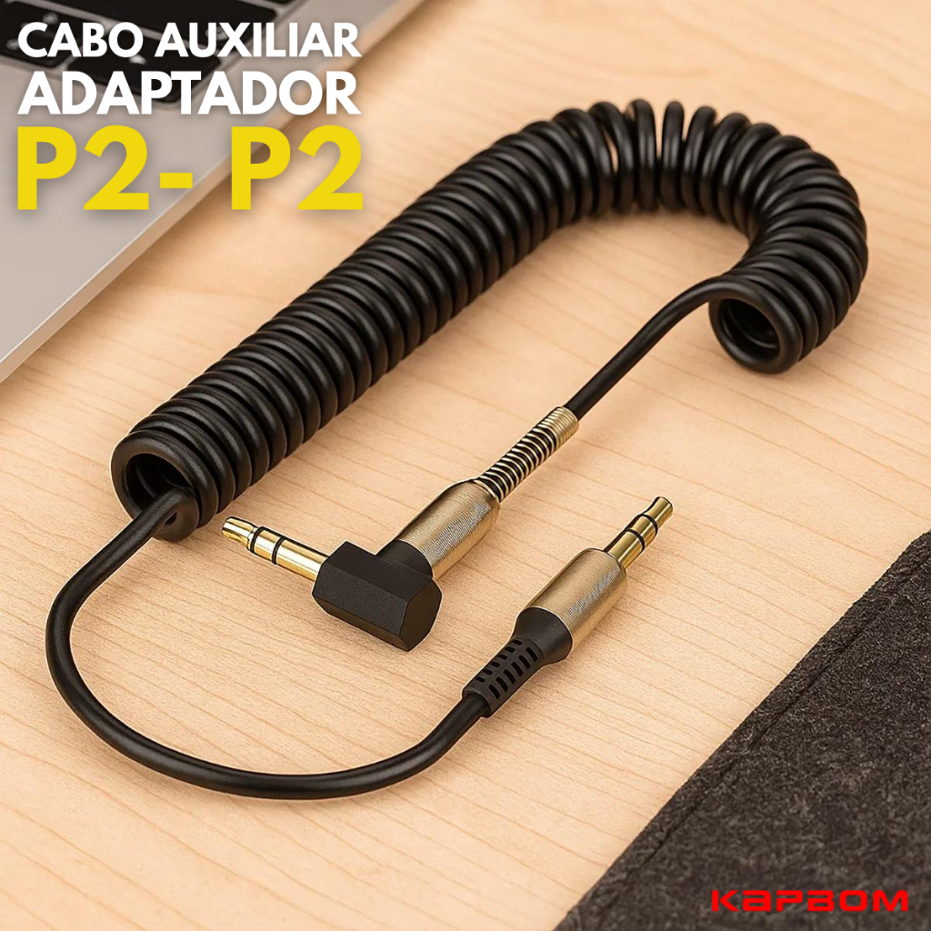 Cabo Auxiliar de Áudio P2 x P2 Espiral 1,8 metros Original Kapbom em Oferta na Shopee