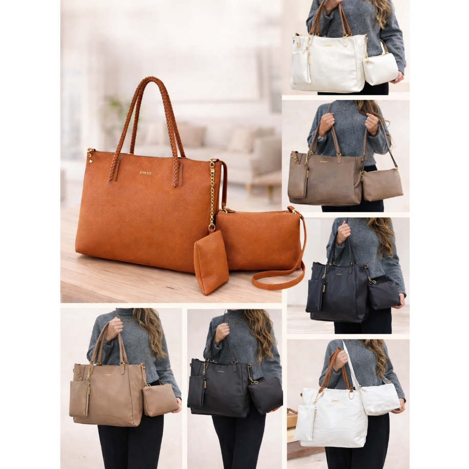 Kit Bolsas Feminina Estilo Tote Conjunto 3 Peças Marrom Versátil Casual Transversal Alça Ajustável Grande Media Trançada