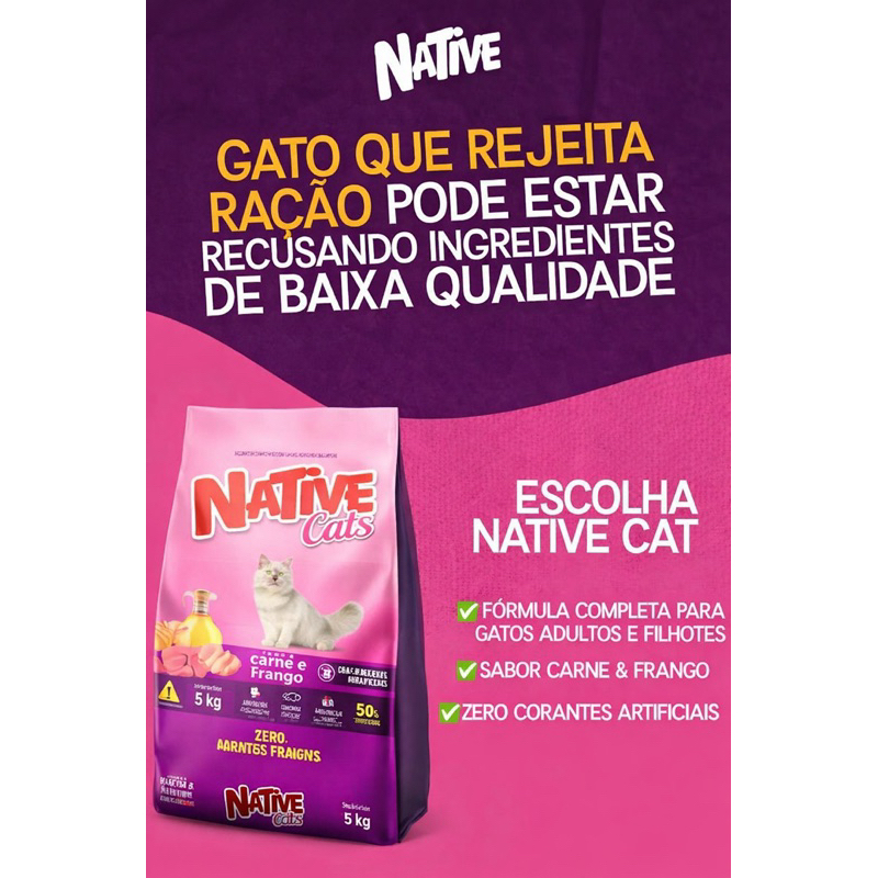 Ração Native Cats 5kg Carne e Frango Gatos Adultos e Filhotes 30% Proteína Premium